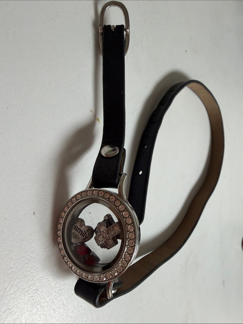 Origami Owl Black Leather Floating Charm Watch with Crystal Bezel needs battery